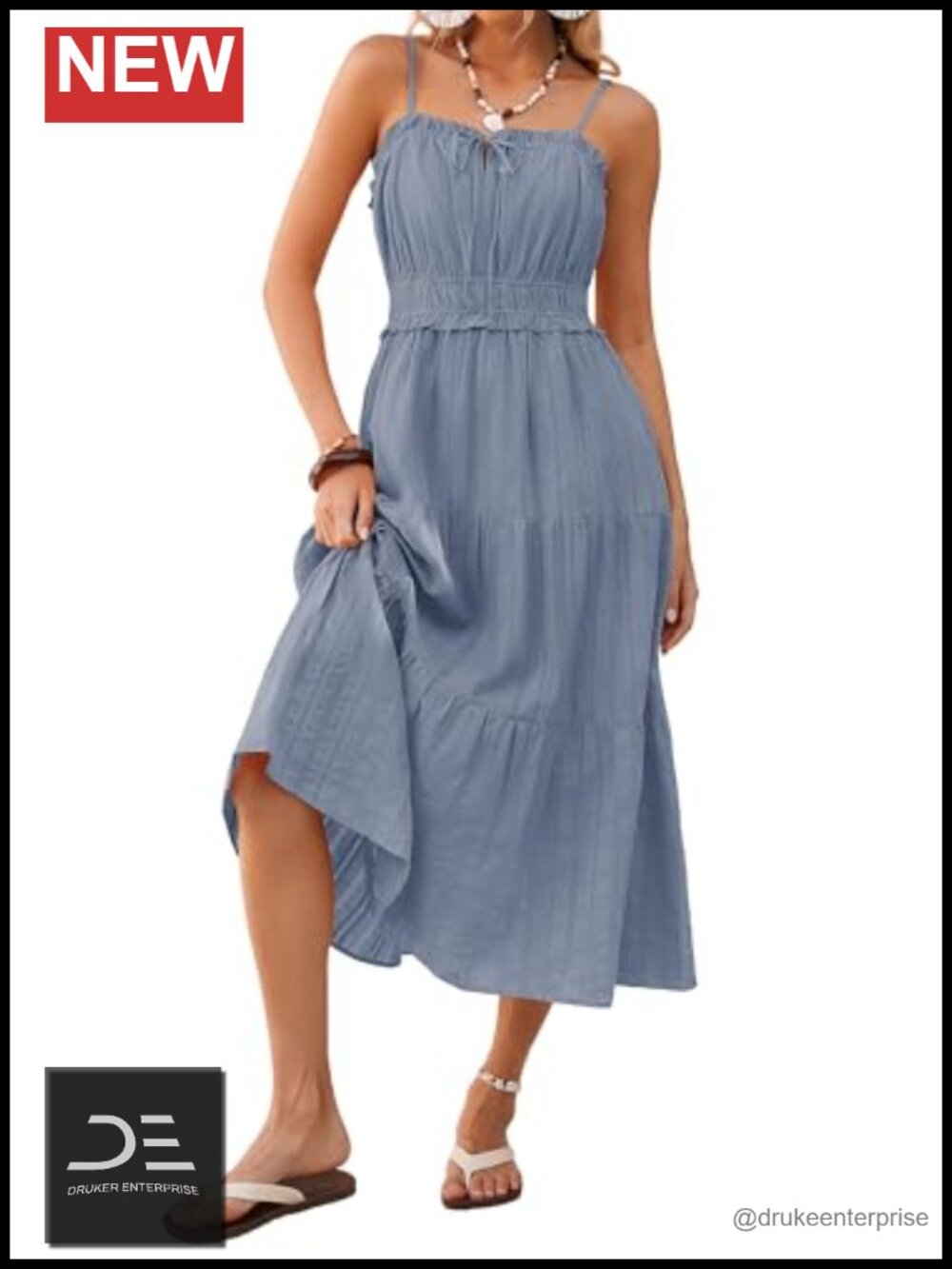 Women Cotton Midi Dress Spaghetti Strap Tiered A-Line Sundress Pockets